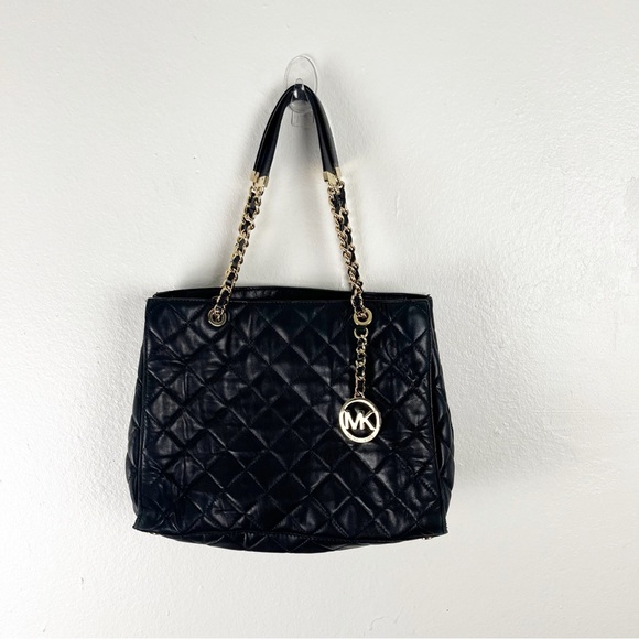 MICHAEL KORS Susannah Black Leather Quilted Double Chain Straps Shoulder Bag - Picture 1 of 12